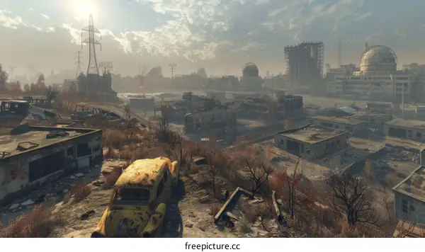 Post-apocalyptic city ruins with a yellow car in the foreground