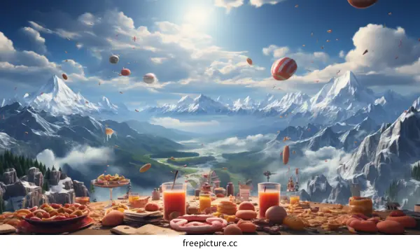 A Table Full of Delicious Food with a Breathtaking Mountain Landscape Backdrop