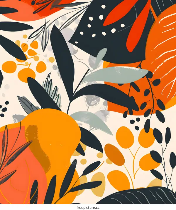 Abstract Art Print With Leaves and Dots