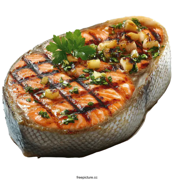 [Transparent Background PNG]Grilled Salmon Steak with Herbs and Garlic