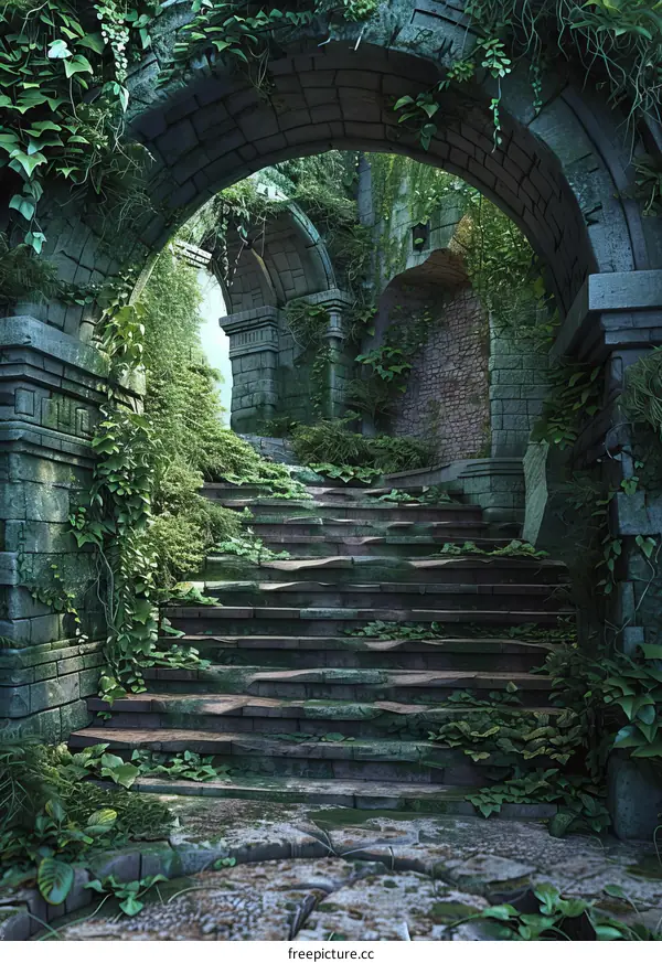 Ancient Ruins Staircase Overgrown with Vines