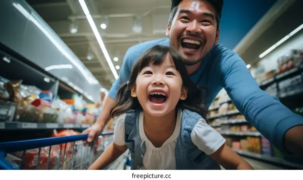 Father and daughter having fun grocery shopping