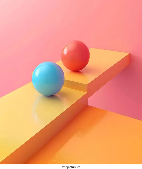 3d rendering of two spheres on a yellow platform against a pink background
