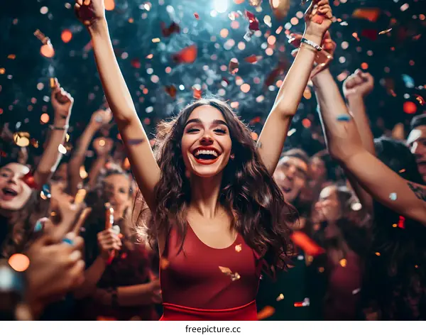 Happy Woman Celebrating with Confetti at a Party