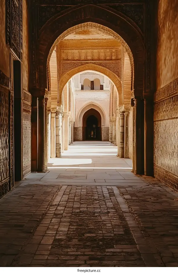 Arched Hallway in an Ancient Building with Stone Floors