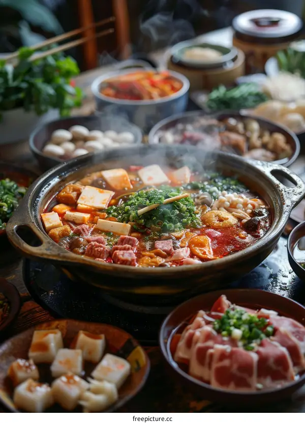 A delicious and spicy hot pot with various ingredients.