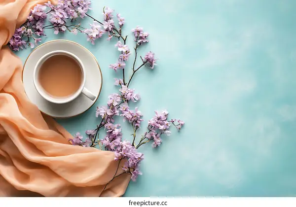 Cup of Tea with Flowers and Fabric on Blue Background