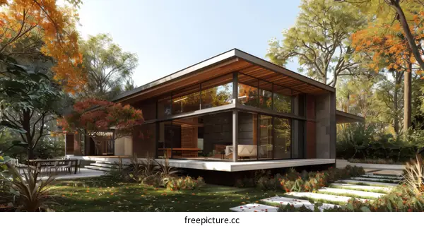 Modern Home with Large Glass Windows Surrounded by Lush Greenery