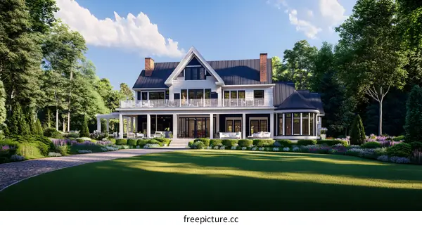 Modern White House with Black Roof and Large Windows