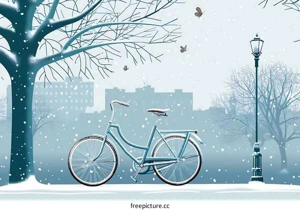 Snowy Winter Cityscape with a Blue Bicycle