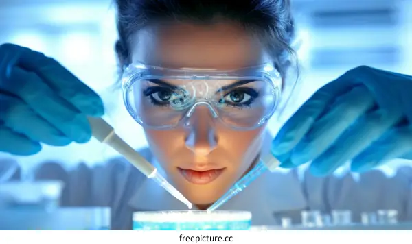 Female scientist wearing safety glasses and gloves working in a laboratory