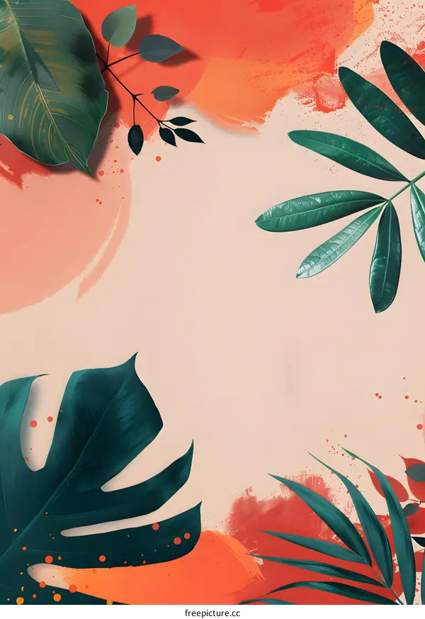 Tropical Leaves and Abstract Orange Paint Strokes