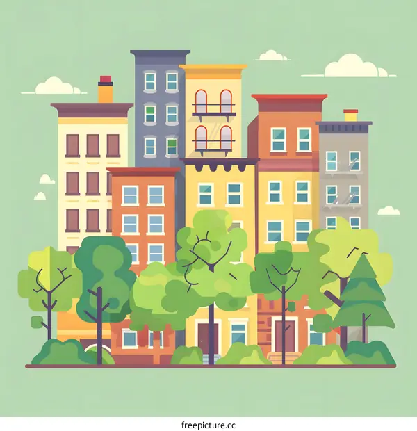 Cityscape Illustration With Colorful Buildings And Green Trees