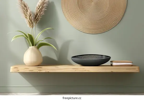 Minimalist Home Decor with Wooden Shelf, Pampas Grass, and Decorative Bowl