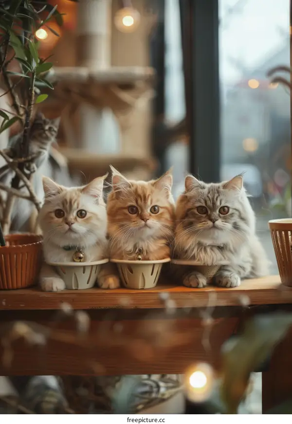 Three fluffy kittens sitting in a row on a wooden table