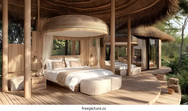 Tropical Treehouse Bedroom with Canopy Bed and Wooden Floor