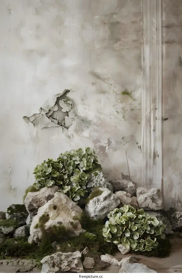 Green Plants Against Cracked Concrete Wall