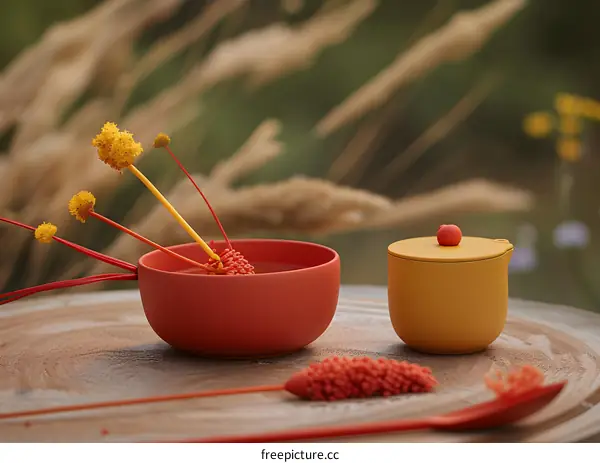 Red and Yellow Ceramic Bowl and Jug on Wooden Table