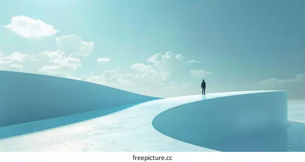 Man standing alone on a curved pier looking out at the ocean