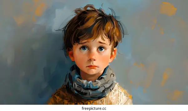 portrait of a sad looking boy with brown hair and blue eyes