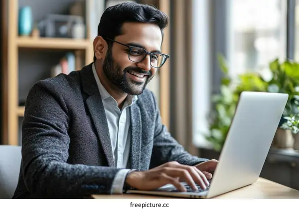 Businessman Working on Laptop in Modern Office