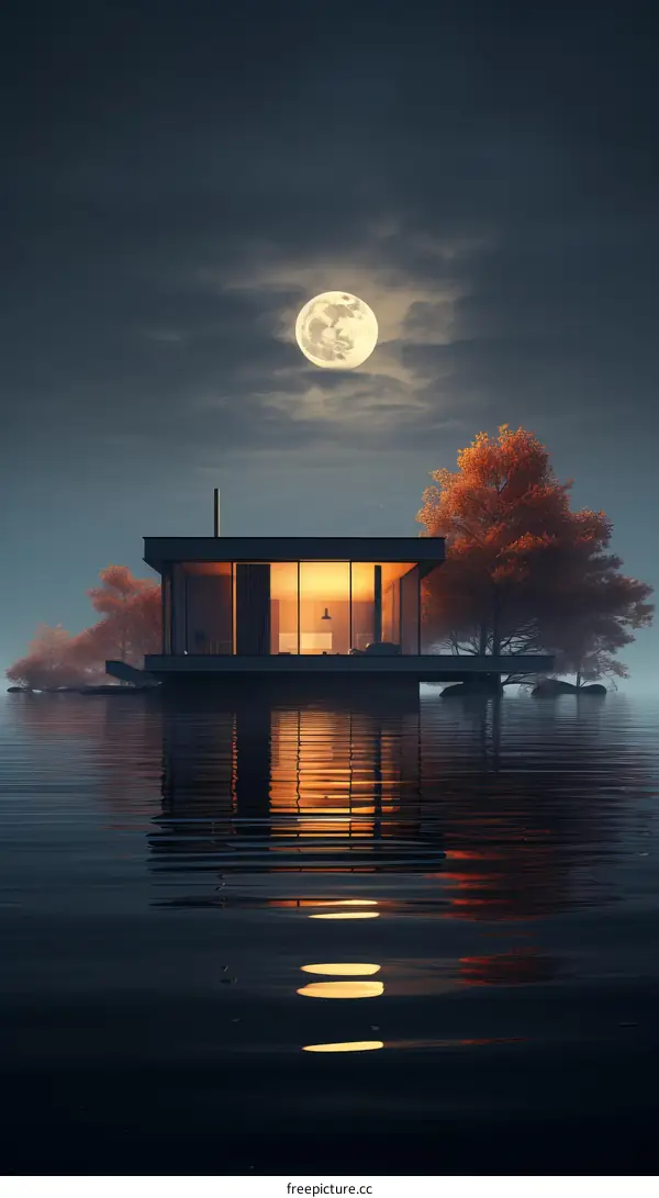 Tranquil Lakeside House at Night