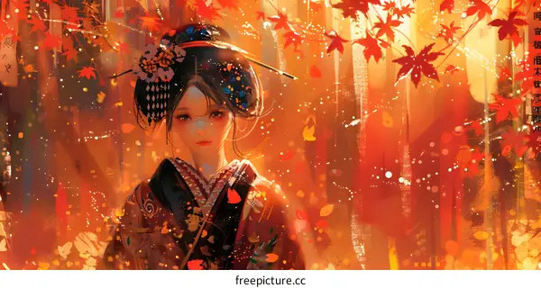 Japanese Woman in Red Kimono with Autumn Leaves