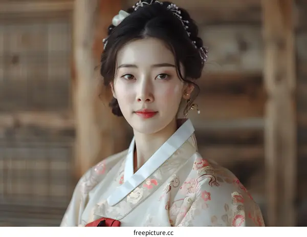 Portrait of a young Korean woman in traditional Korean dress, the hanbok
