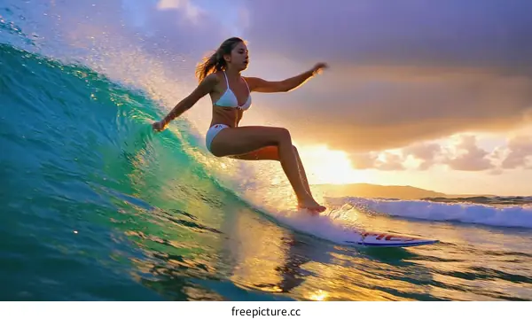 Surfing Girl in Sunset Ocean Wave