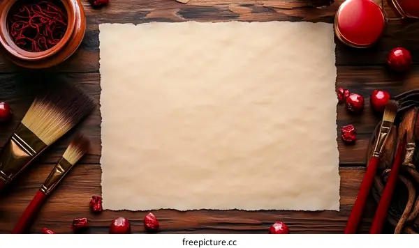 Blank Vintage Paper Surrounded by Artistic Supplies