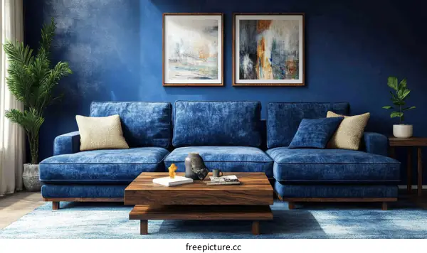 Modern Living Room Interior Design with Blue Sofa