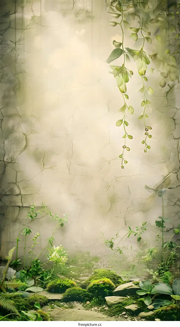 Grunge Wall Background With Green Plants and Vines