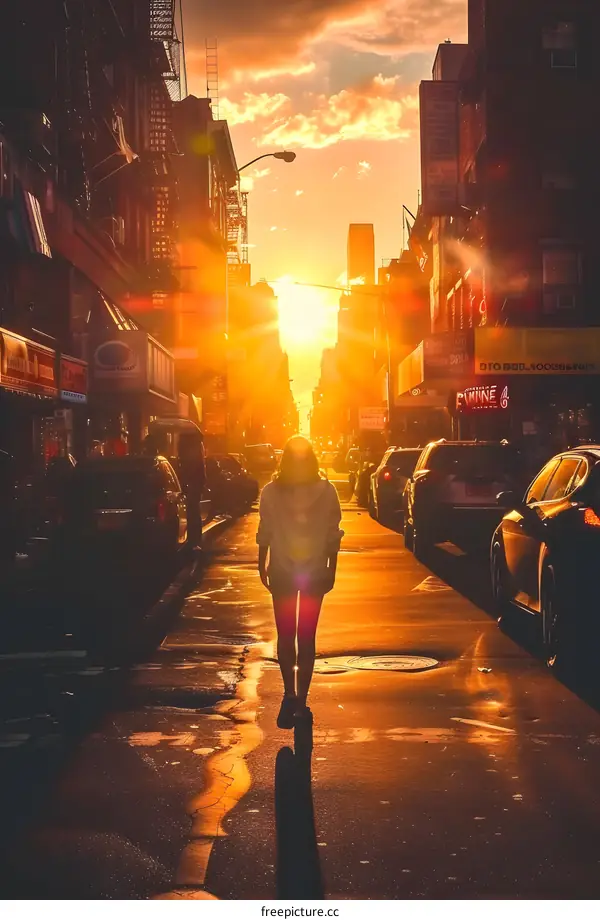 Sunset Silhouette of a Woman Walking on a City Street