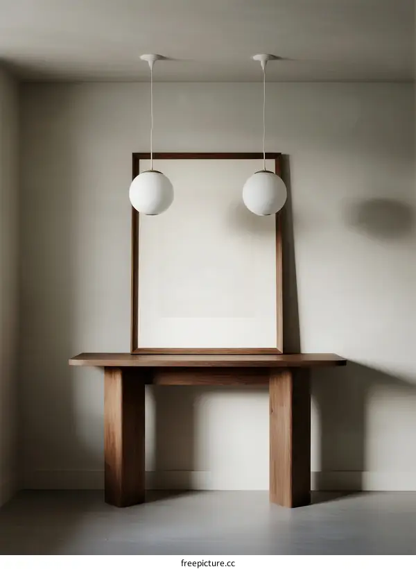 Minimalist Wooden Console Table with Round Hanging Lamps