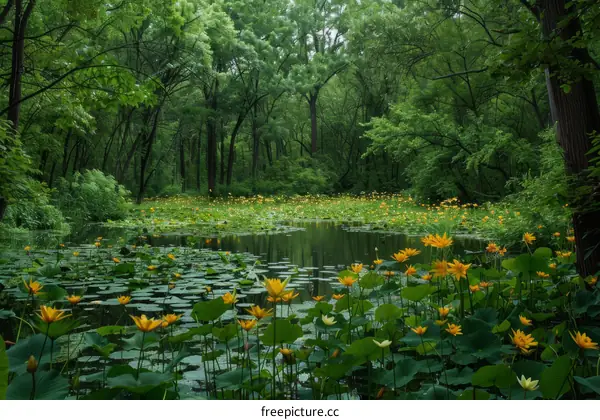 Serene Pond Surrounded by Lush Greenery