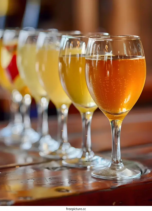 Line of Wine Glasses on Wooden Table
