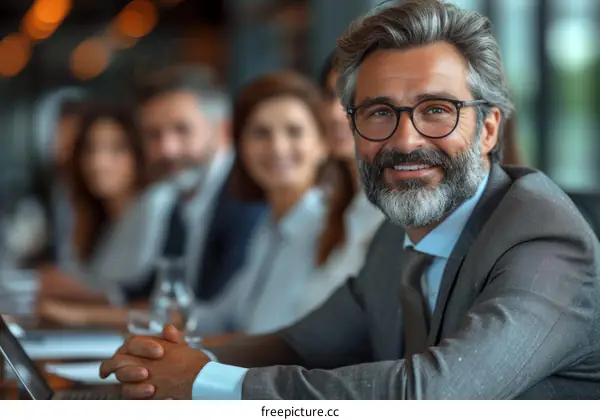 A group of business professionals are sitting around a conference table having a meeting.