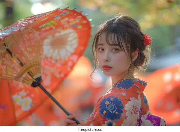 Asian Woman in Traditional Japanese Kimono with Umbrella
