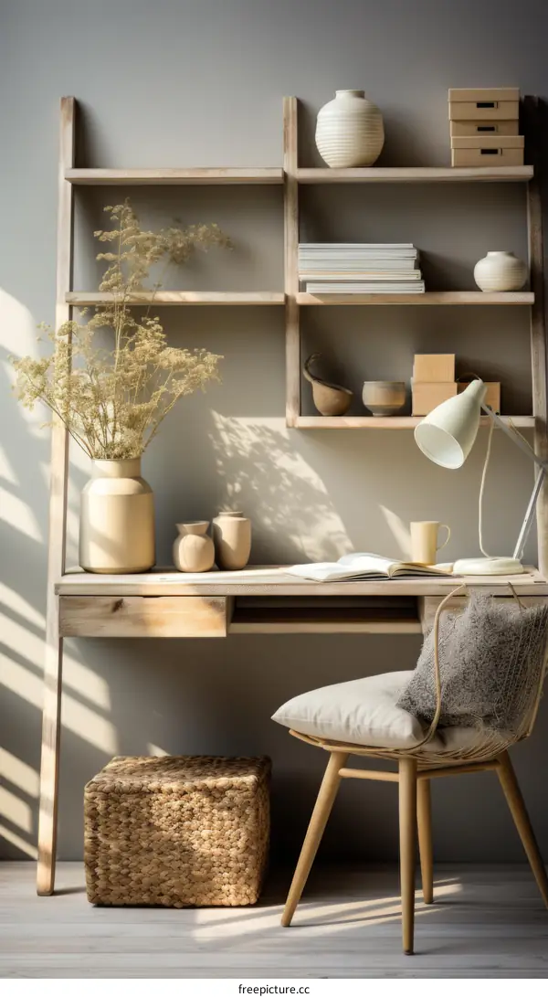A wooden desk with a lot of stuff on it