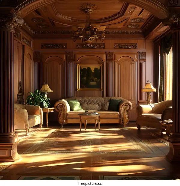 Elegant Living Room With Wooden Panels and Chandelier