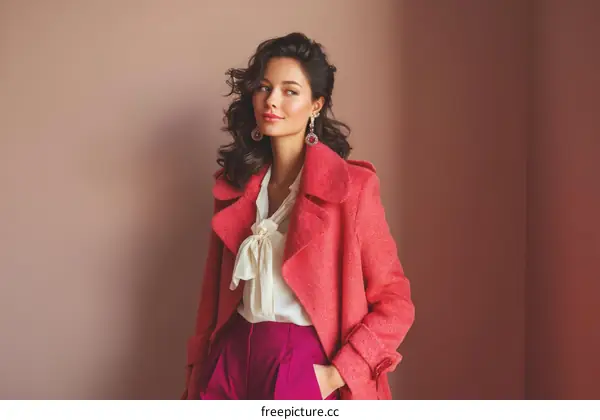 Fashionable Woman in a Red Coat and Purple Pants