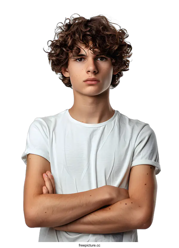 [Transparent Background PNG]Portrait of Young Man with Curly Hair and Freckles