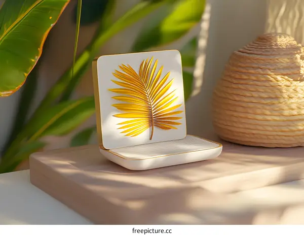 Golden Palm Leaf on White Square Minimalist Decoration