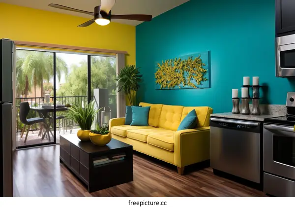 Modern Yellow Living Room with Blue Accents