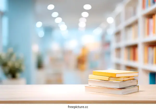 Books Stacked on Wooden Table in Library Background