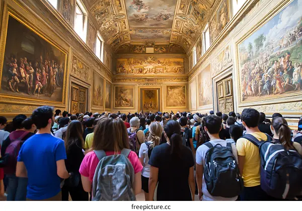 Crowd of People Looking at Paintings in Art Gallery