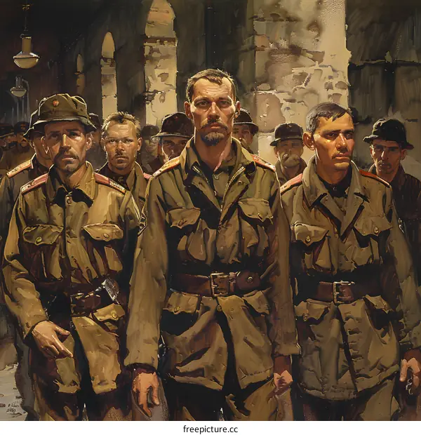 A group of soldiers in uniform march down a street