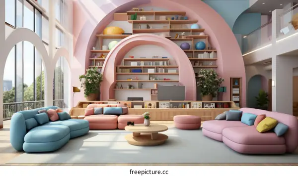 Modern Living Room with Large Blush Bookshelf and Blue and Blush Sofas