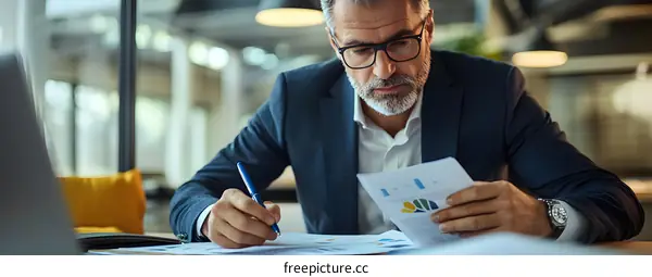 Businessman Working On Reports In Office