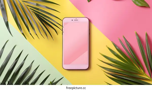 Summertime Smartphone and Palm Leaves on Colorful Background